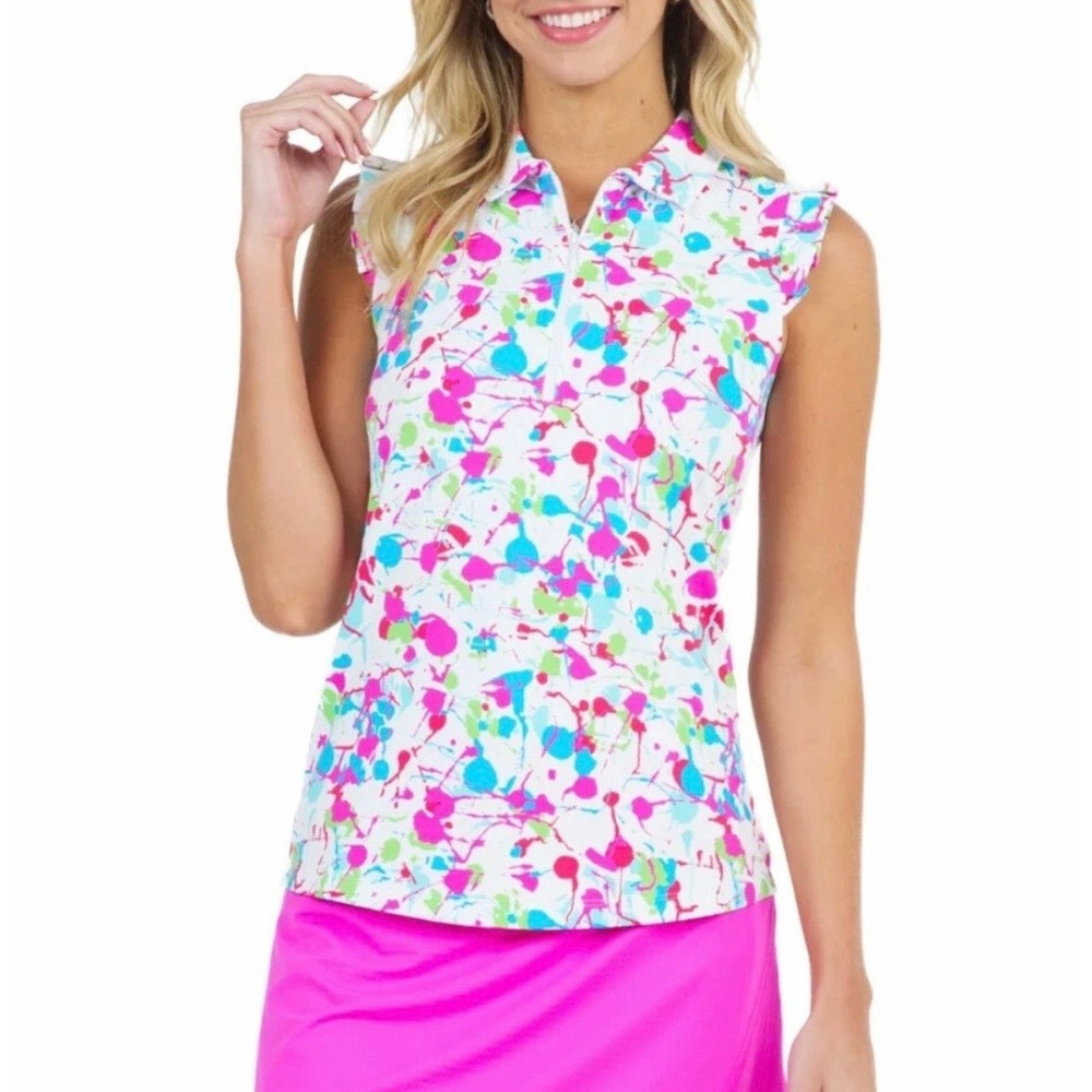 IBKUL Women's Golf Polo Shirt Multicolor Size S Splatter Ruffle Sleeve UPF 50+